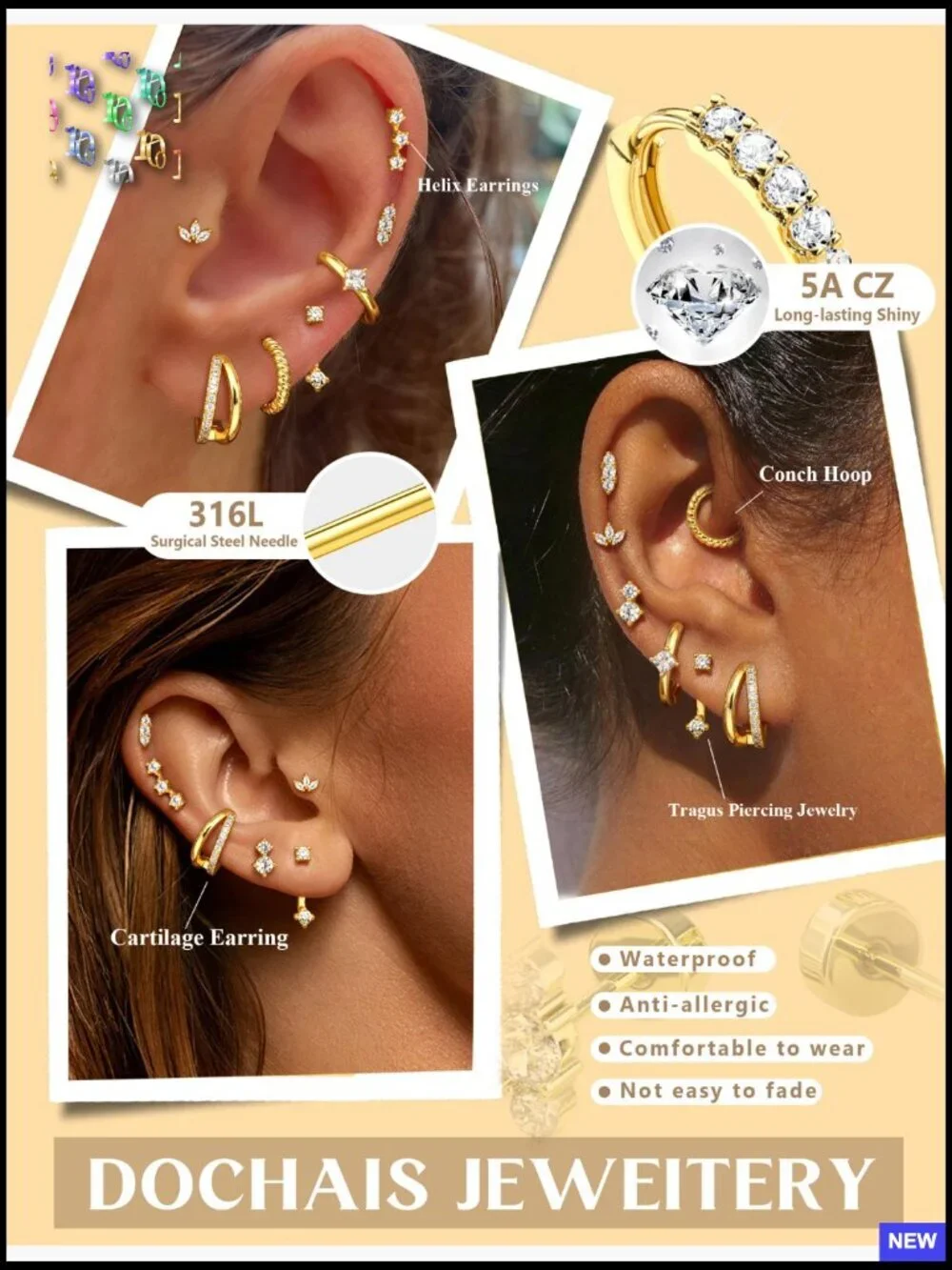 Hypoallergenic Flatback Stud Hoop 14K Gold Plated Earring Set Surgical Steel